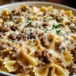 Beef & Bowtie Pasta In Creamy Alfredo Sauce