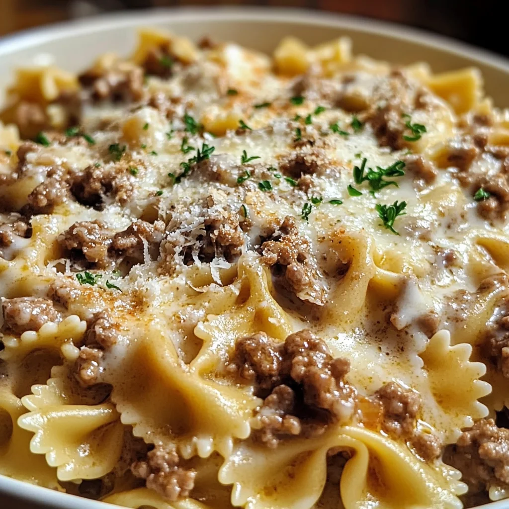 Beef & Bowtie Pasta In Creamy Alfredo Sauce