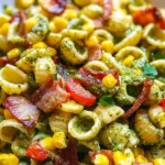 Corn Pasta Salad with Turkey Bacon and Creamy Pesto Dressing
