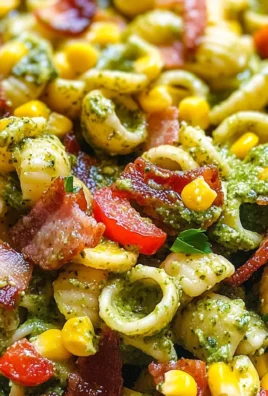 Corn Pasta Salad with Turkey Bacon and Creamy Pesto Dressing