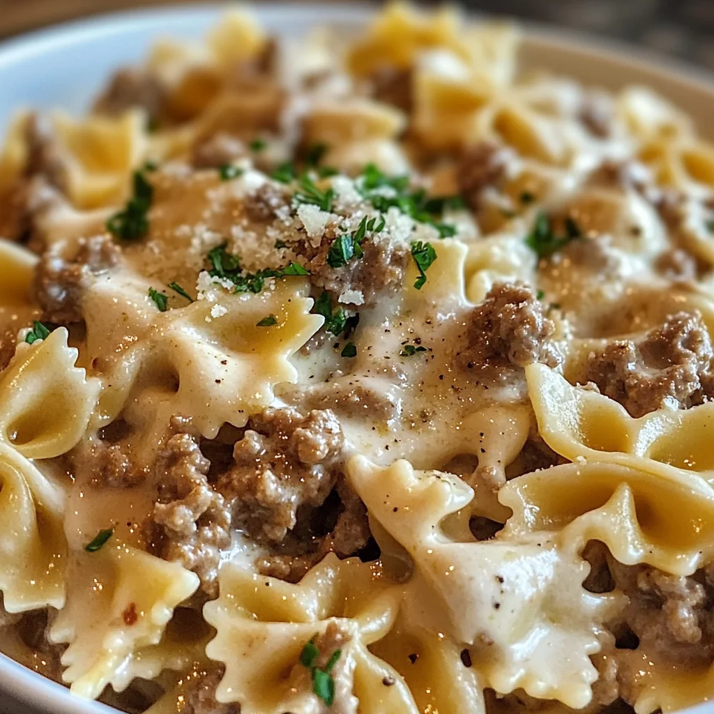Creamy Garlic Parmesan Bowtie Pasta With Beef