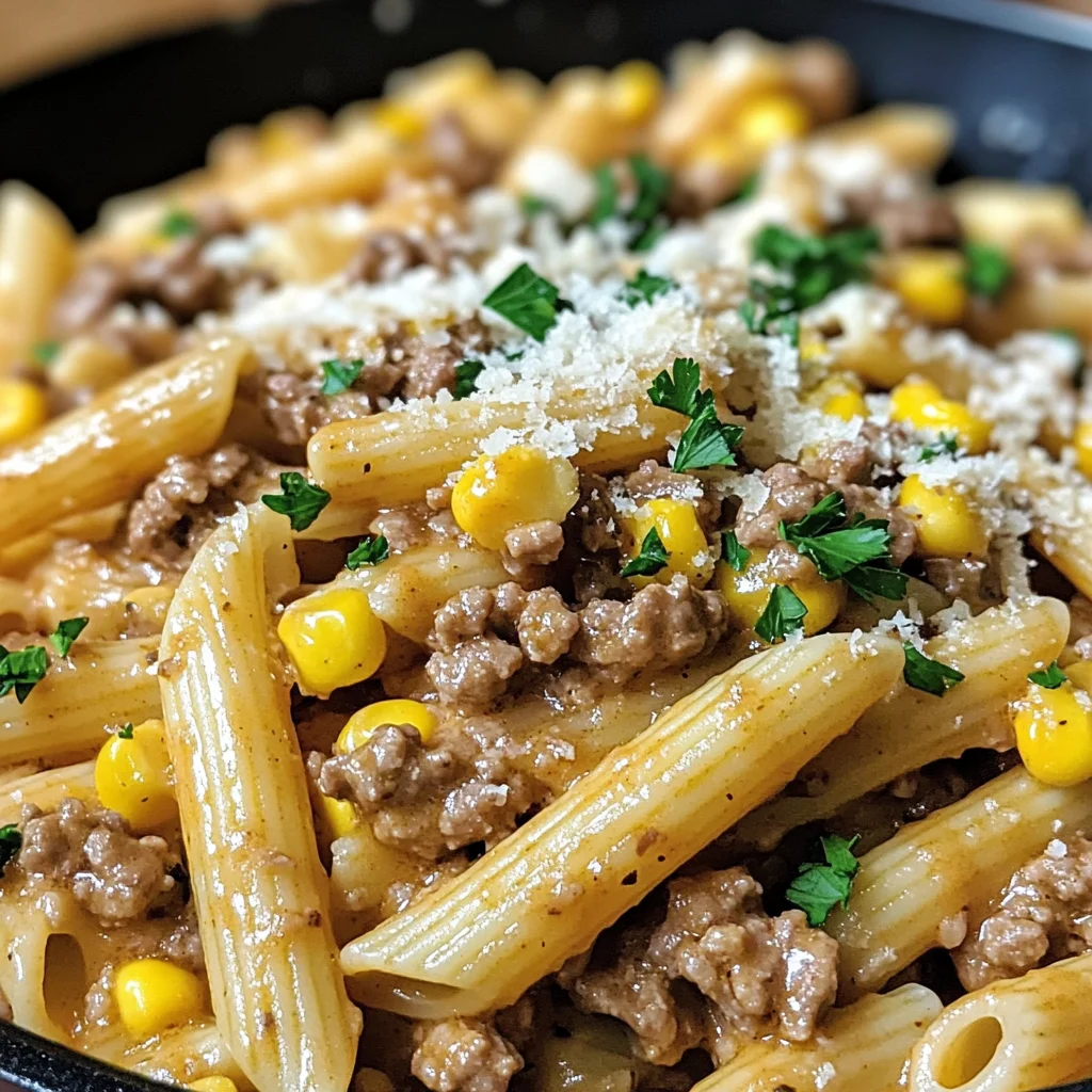 Creamy Garlic Parmesan Ranch Beef & Corn Pasta Skillet