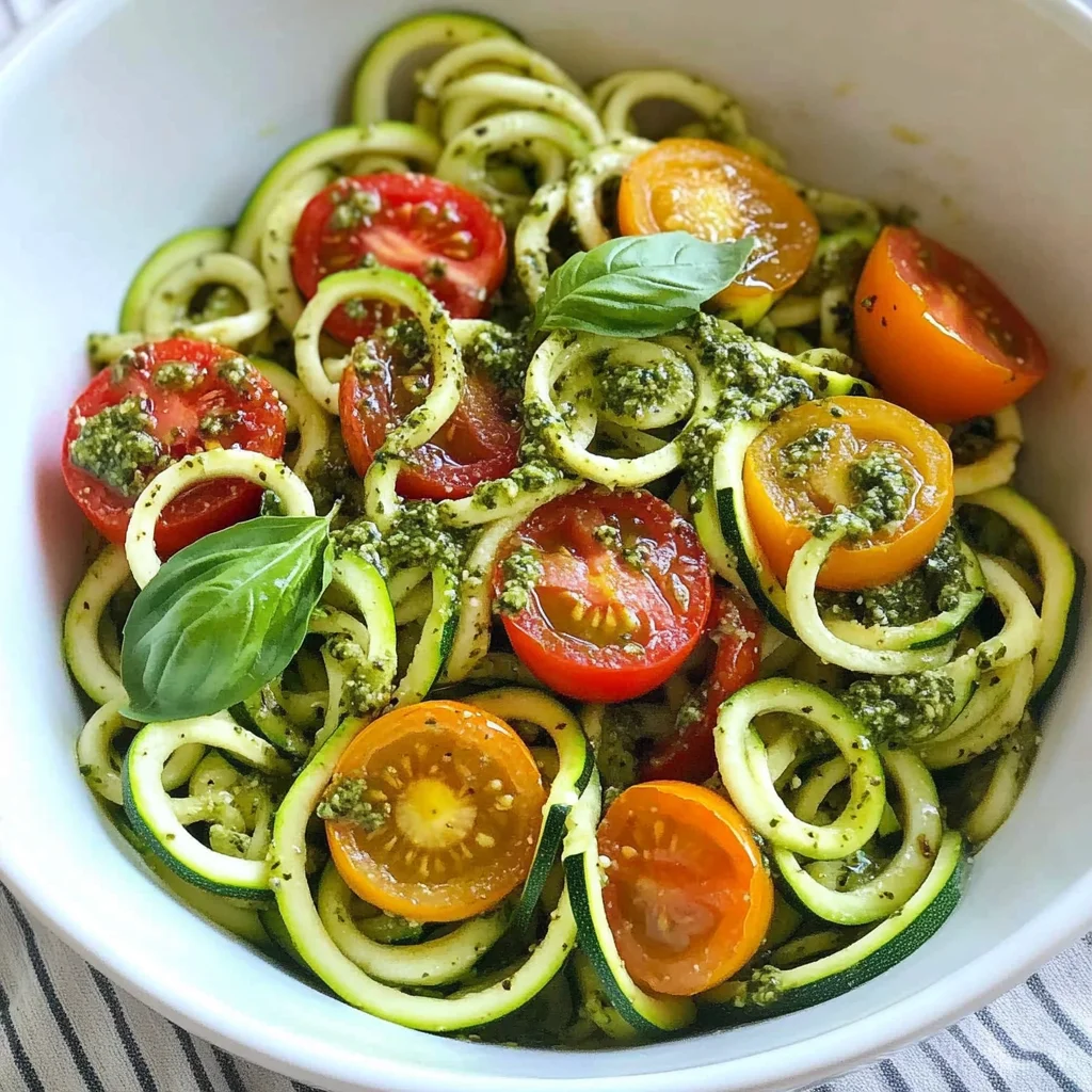 Raw Spiralized Zucchini Noodles with Tomatoes and Pesto