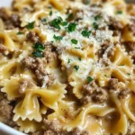 This Beef And Bowtie Pasta With Alfredo Sauce Is Everything