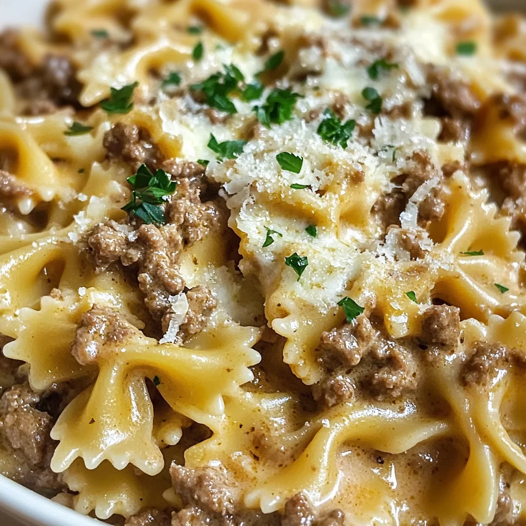 This Beef And Bowtie Pasta With Alfredo Sauce Is Everything