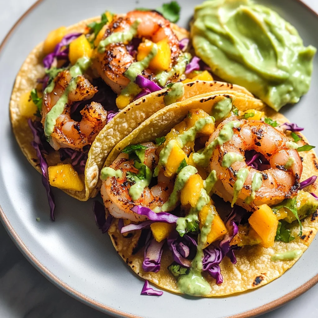 Spicy Shrimp Tacos with Mango Slaw and Avocado Crema