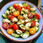 Tomato Cucumber Avocado Salad with Mozzarella and Basil Pesto