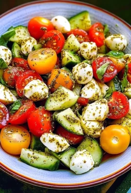 Tomato Cucumber Avocado Salad with Mozzarella and Basil Pesto