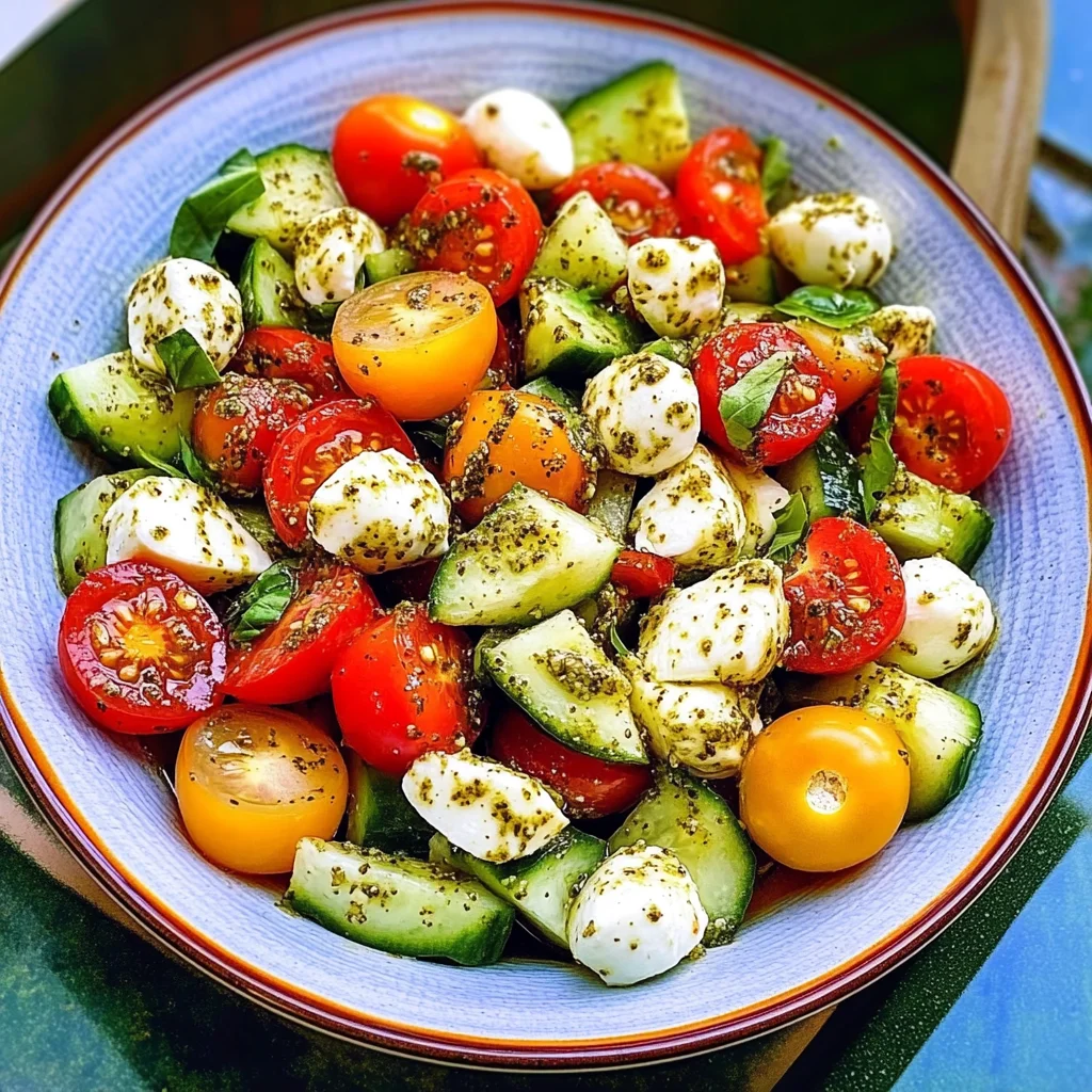 Tomato Cucumber Avocado Salad with Mozzarella and Basil Pesto