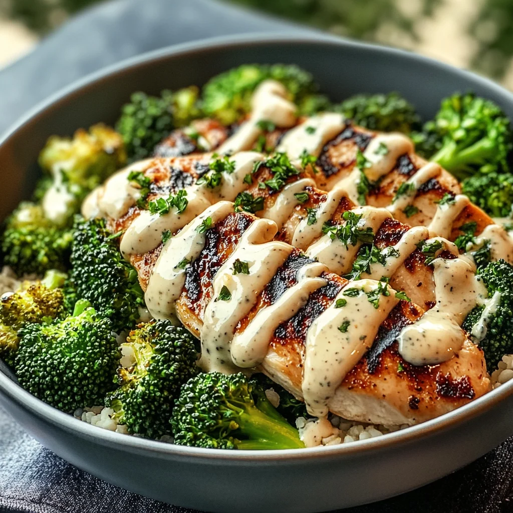 Grilled Chicken & Broccoli Bowls with Creamy Garlic Sauce
