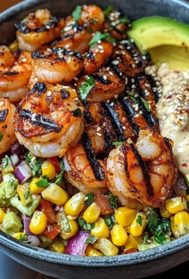 Grilled Shrimp Bowl with Avocado, Corn Salsa & Creamy Garlic Sauce