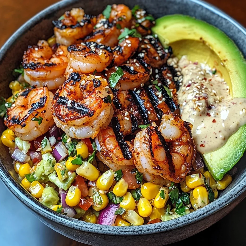 Grilled Shrimp Bowl with Avocado, Corn Salsa & Creamy Garlic Sauce