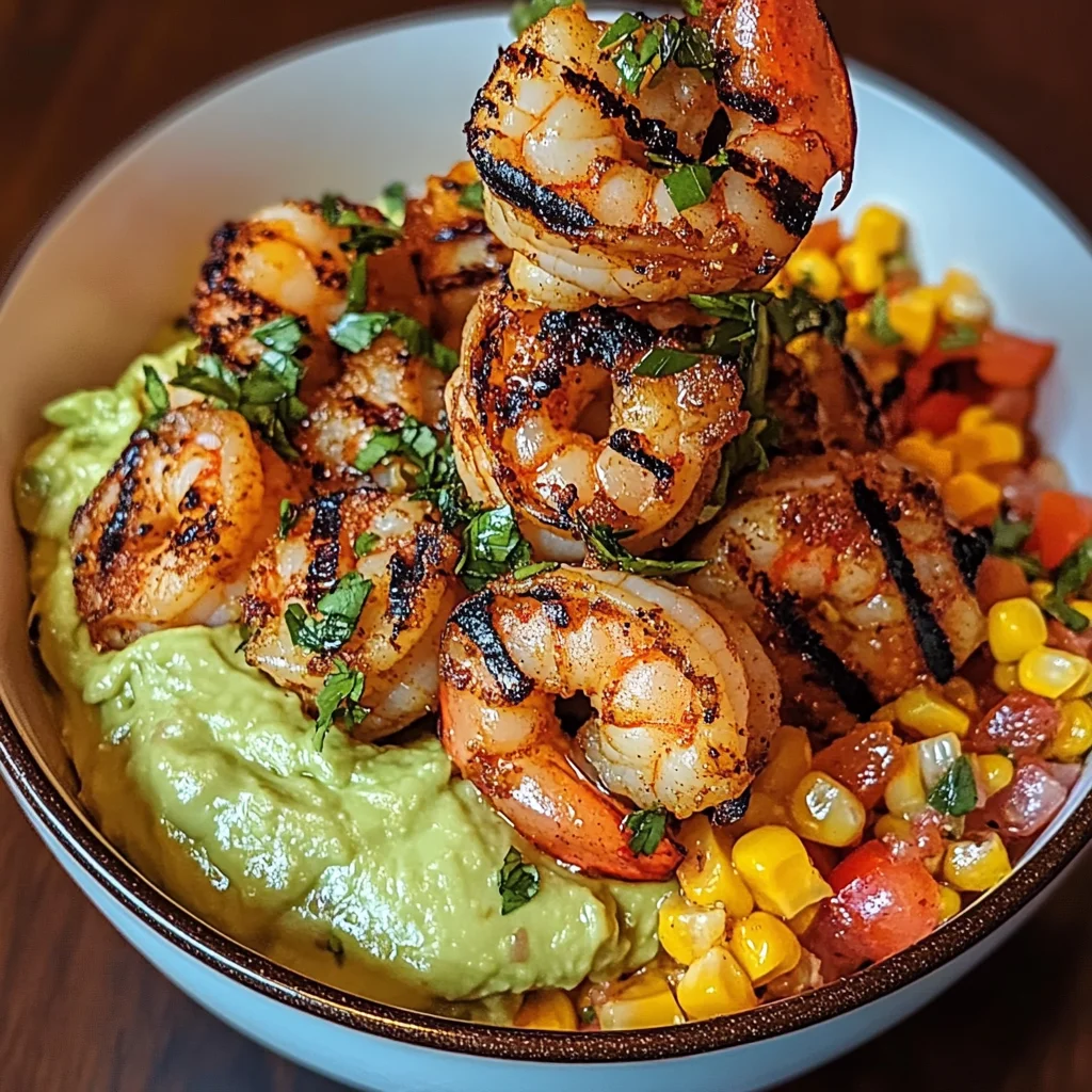 Grilled Shrimp Bowl with Avocado, Corn Salsa & Creamy Sauce