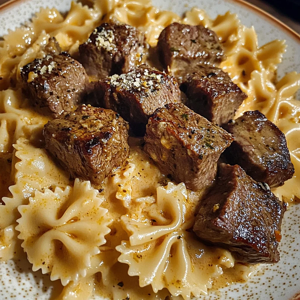Cajun Steak Tips with Cheesy Parmesan Bowtie Pasta