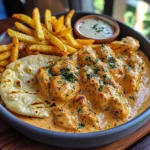 Creamy Butter Chicken with Garlic Drizzle, Golden Fries & Warm Naan