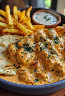 Creamy Butter Chicken with Garlic Drizzle, Golden Fries & Warm Naan