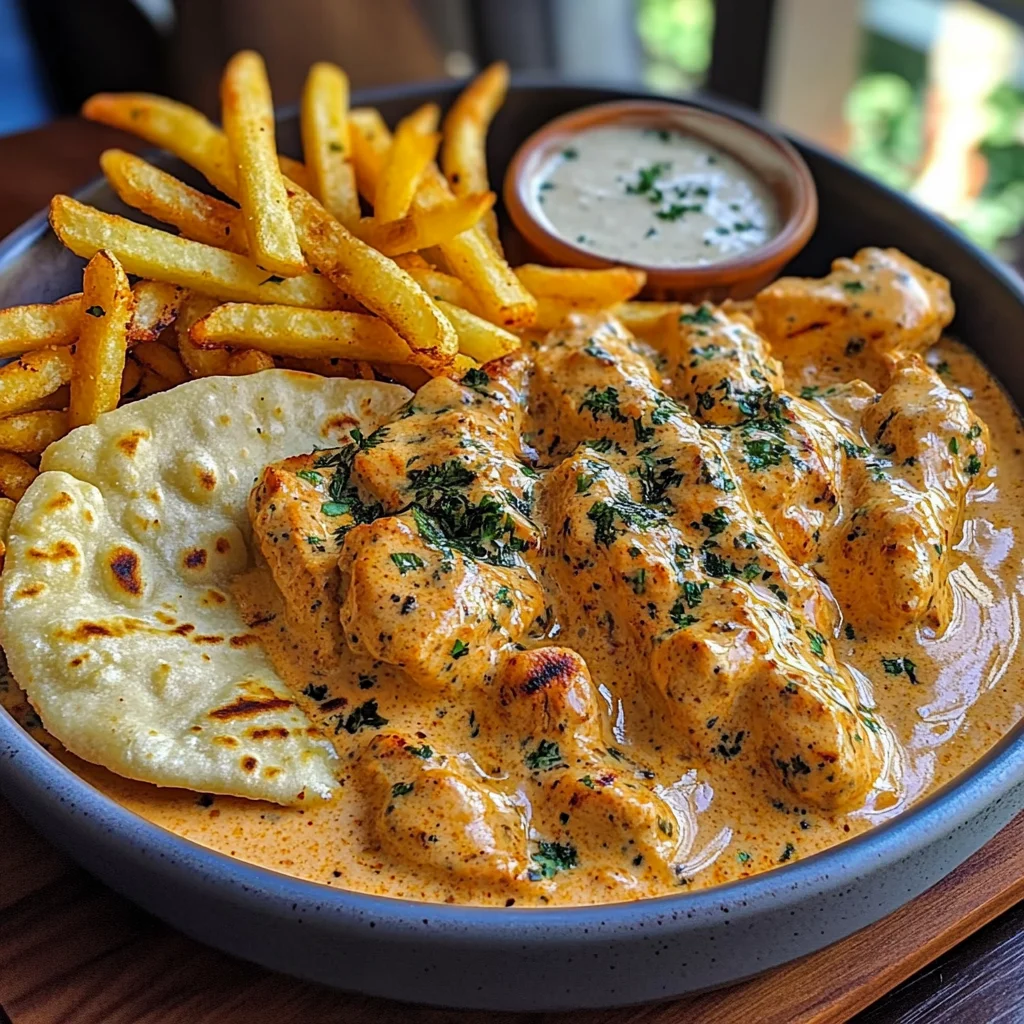 Creamy Butter Chicken with Garlic Drizzle, Golden Fries & Warm Naan