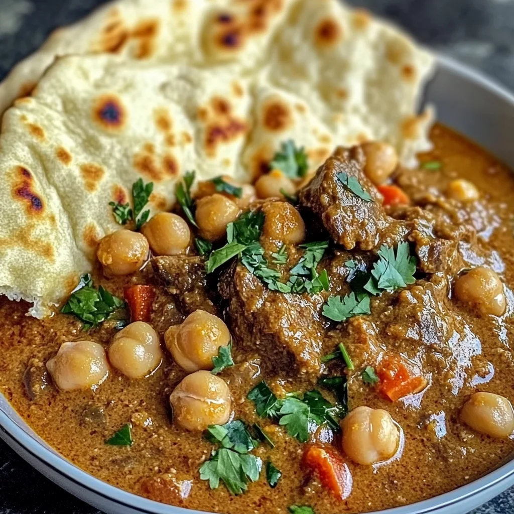 Creamy Coconut Beef & Chickpea Curry with Freshly Baked Garlic Naan