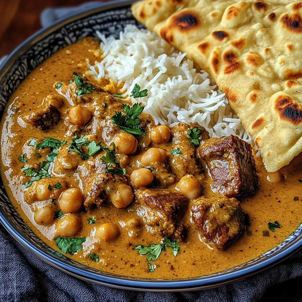 Creamy Coconut Beef and Chickpea Curry with Fresh Garlic Naan