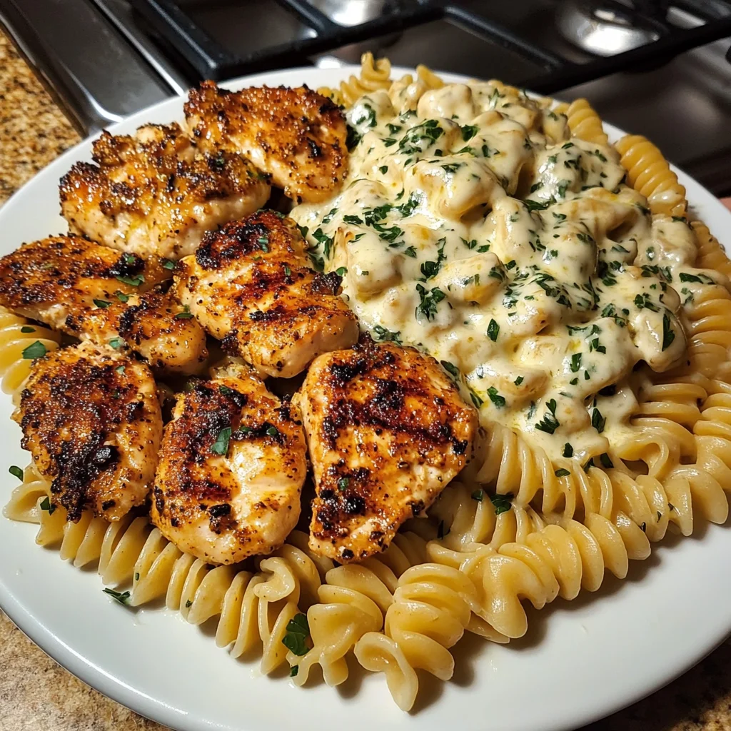 Creamy Garlic Chicken and Rotini with Mozzarella Alfredo