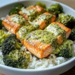 Creamy Pesto Salmon with Broccoli & Rice