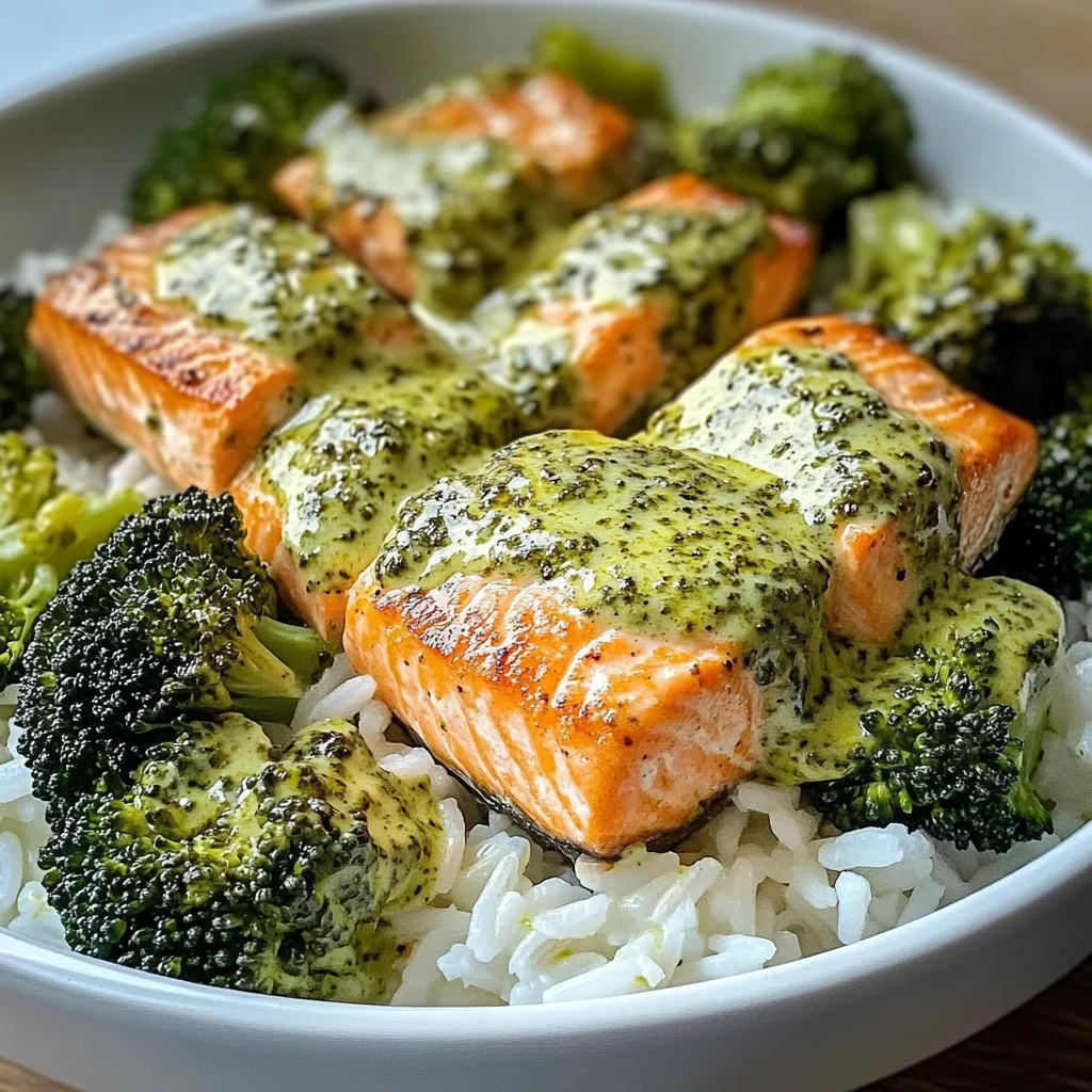 Creamy Pesto Salmon with Broccoli & Rice
