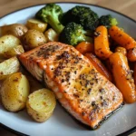 Garlic Butter Salmon with Roasted Potatoes, Glazed Carrots & Steamed Broccoli