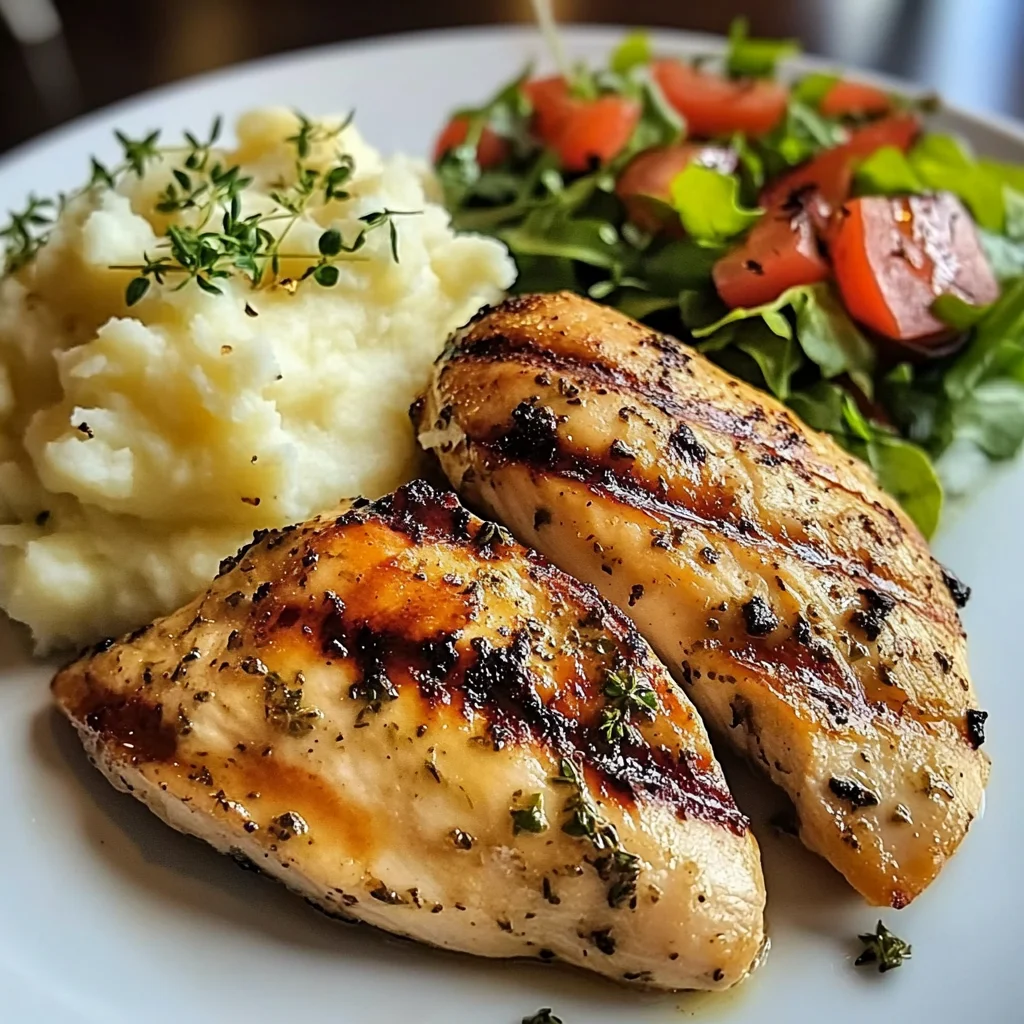 Grilled Garlic Herb Chicken with Creamy Mashed Potatoes & Fresh Garden Salad