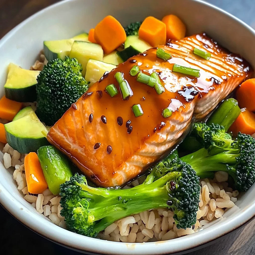 Honey-Glazed Salmon Bowl with Brown Rice & Steamed Veggies