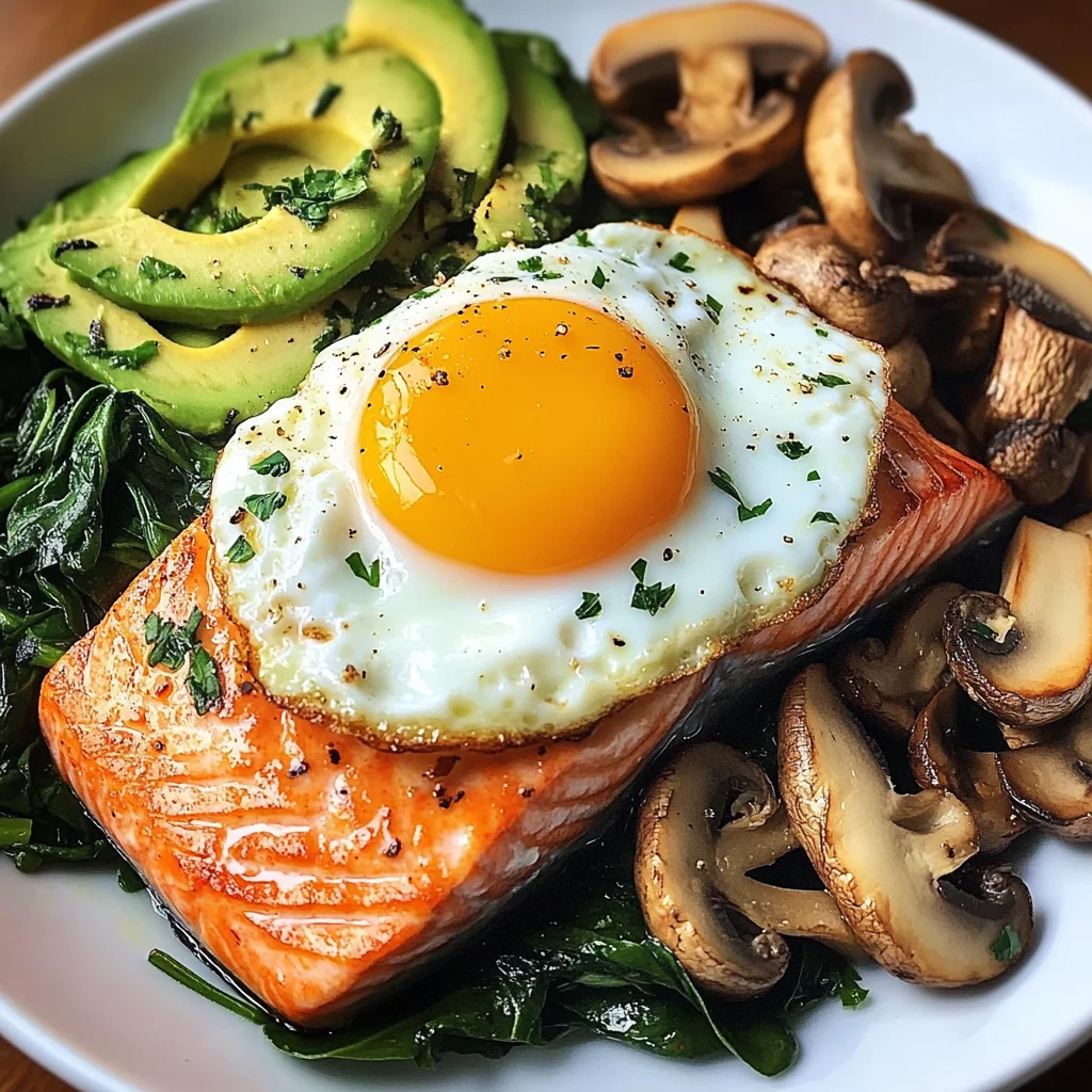 Pan-Seared Salmon with Sunny Egg, Sautéed Spinach, Mushrooms & Avocado