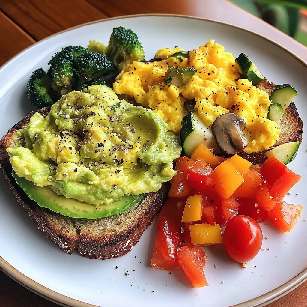 Rainbow Avocado Toast with Scrambled Eggs & Veggie Medley