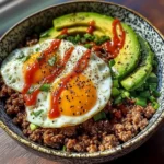 Spicy Avocado & Beef Protein Bowl with Fried Eggs