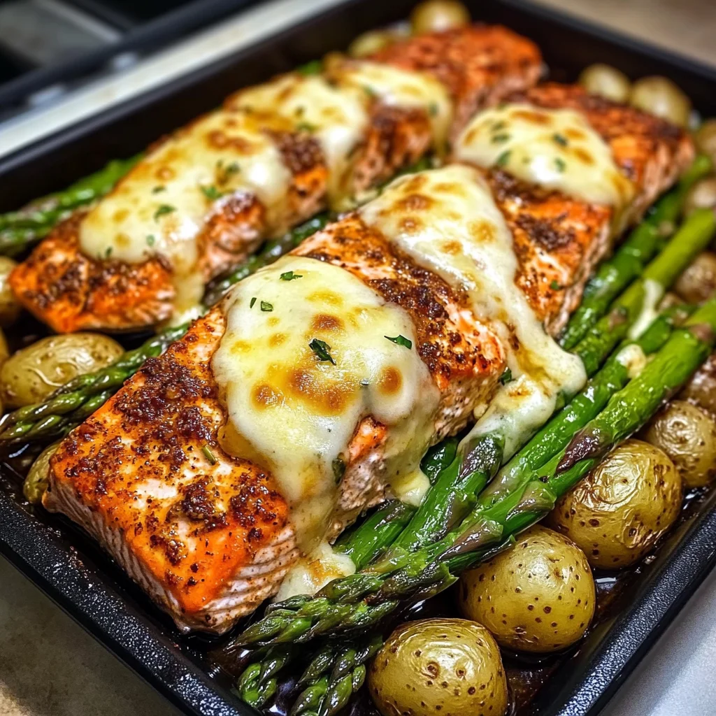 Baked Cajun Salmon with Cheesy Asparagus & Garlic Potatoes