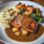 Cajun Salmon with Garlic Mashed Potatoes & Shrimp-Broccoli Saut