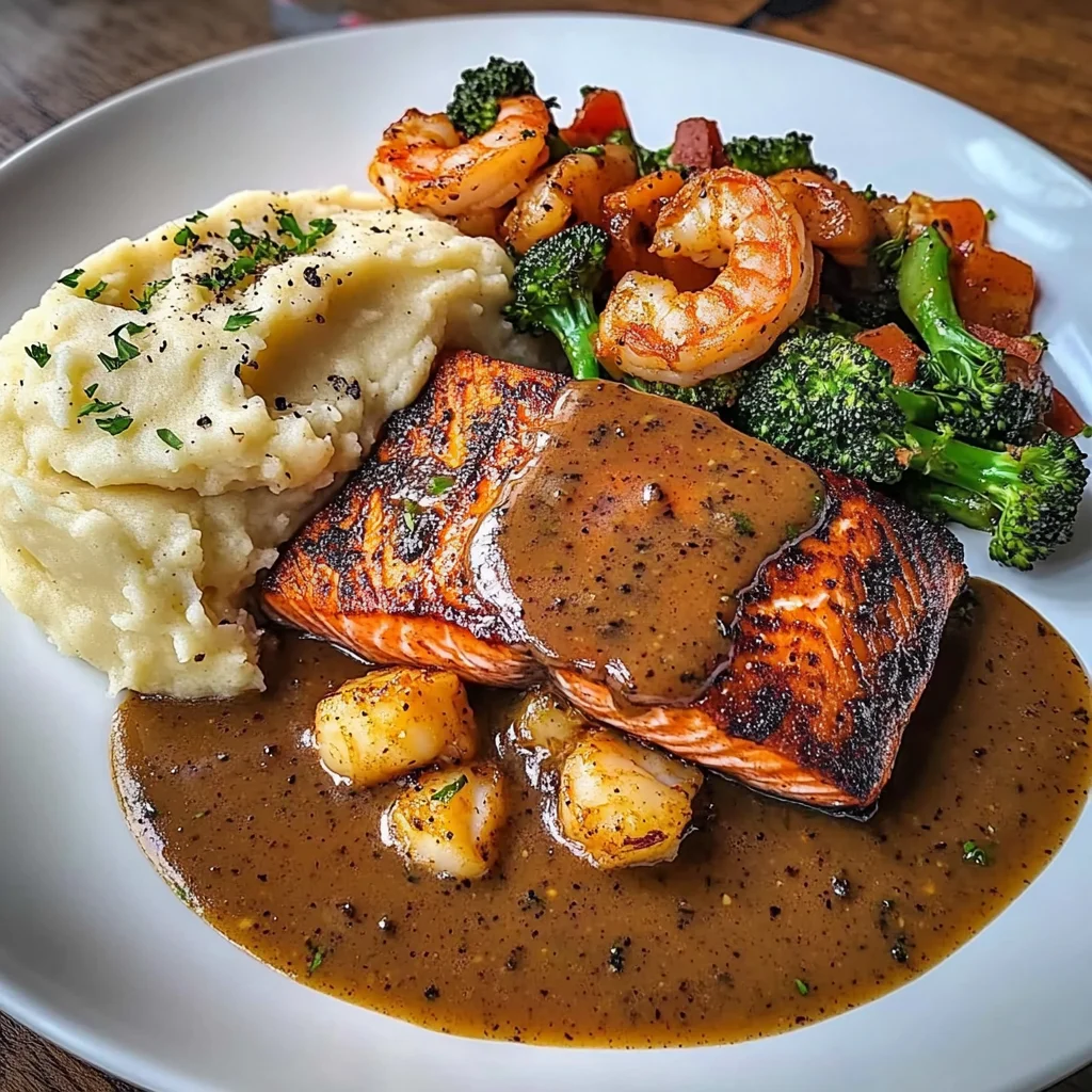 Cajun Salmon with Garlic Mashed Potatoes & Shrimp-Broccoli Saut