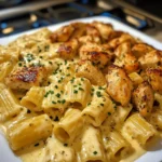Cheddar Garlic Chicken Rigatoni in Parmesan Sauce