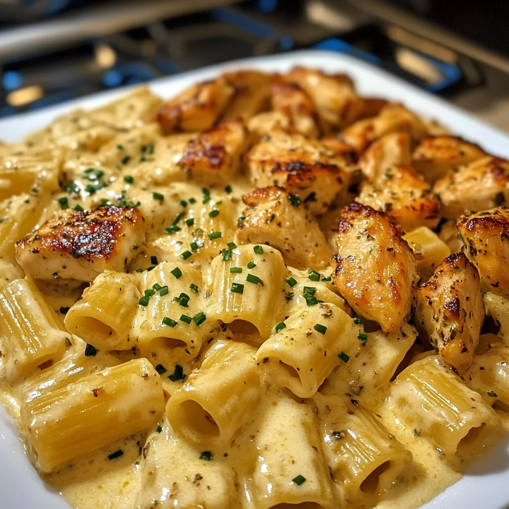 Cheddar Garlic Chicken Rigatoni in Parmesan Sauce