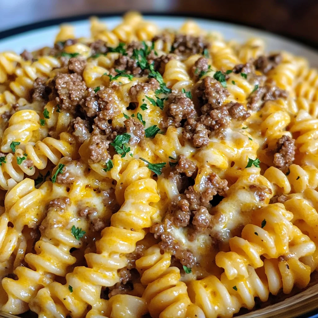 Cheesy Rotini with Garlic Butter Sauce and Ground Beef