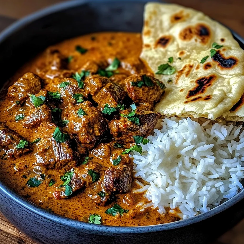 Coconut-Curry Braised Beef with Jasmine Rice & Garlic Naan