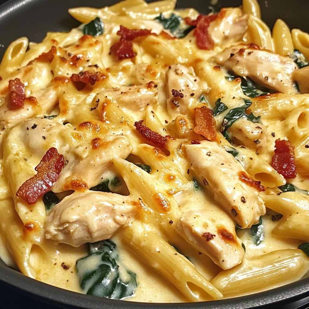 Creamy Chicken Bacon Penne with Spinach