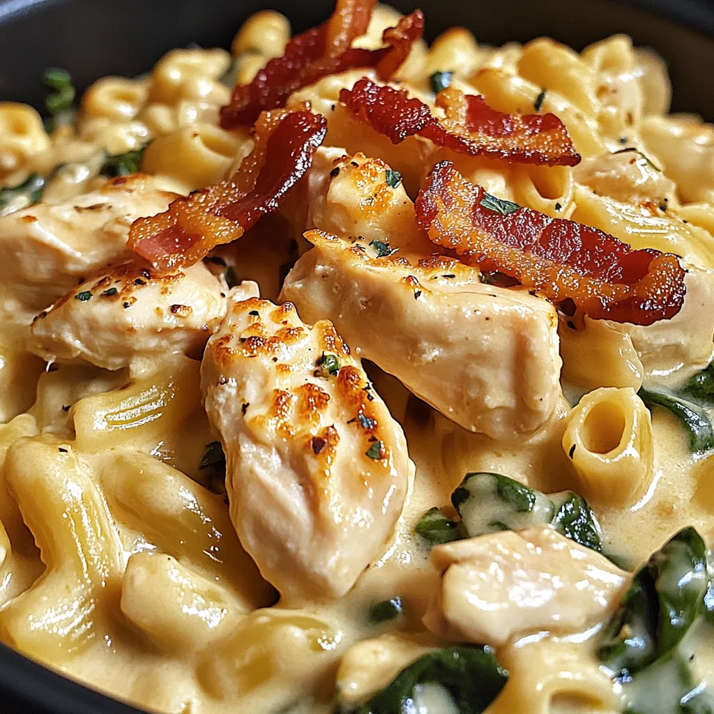 Creamy Chicken, Bacon & Spinach Pasta in Cheesy Garlic Sauce
