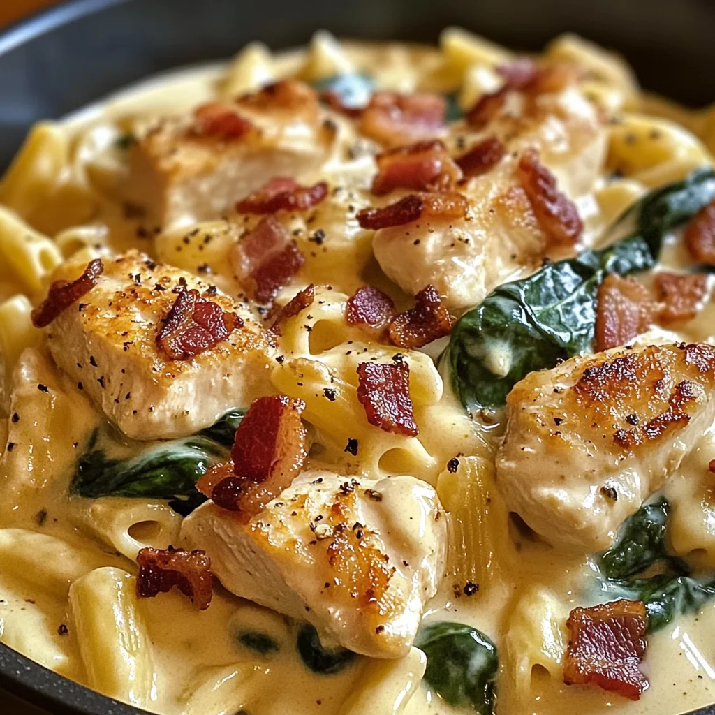 Creamy Chicken Pasta with Spinach, Bacon, and Cheese