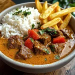 Creamy Coconut Curry Beef with Rice and Fries