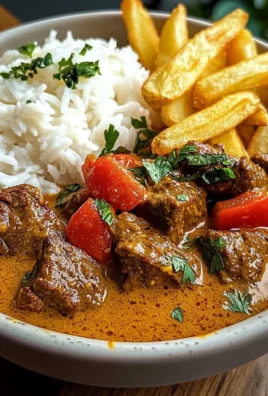Creamy Coconut Curry Beef with Rice and Fries