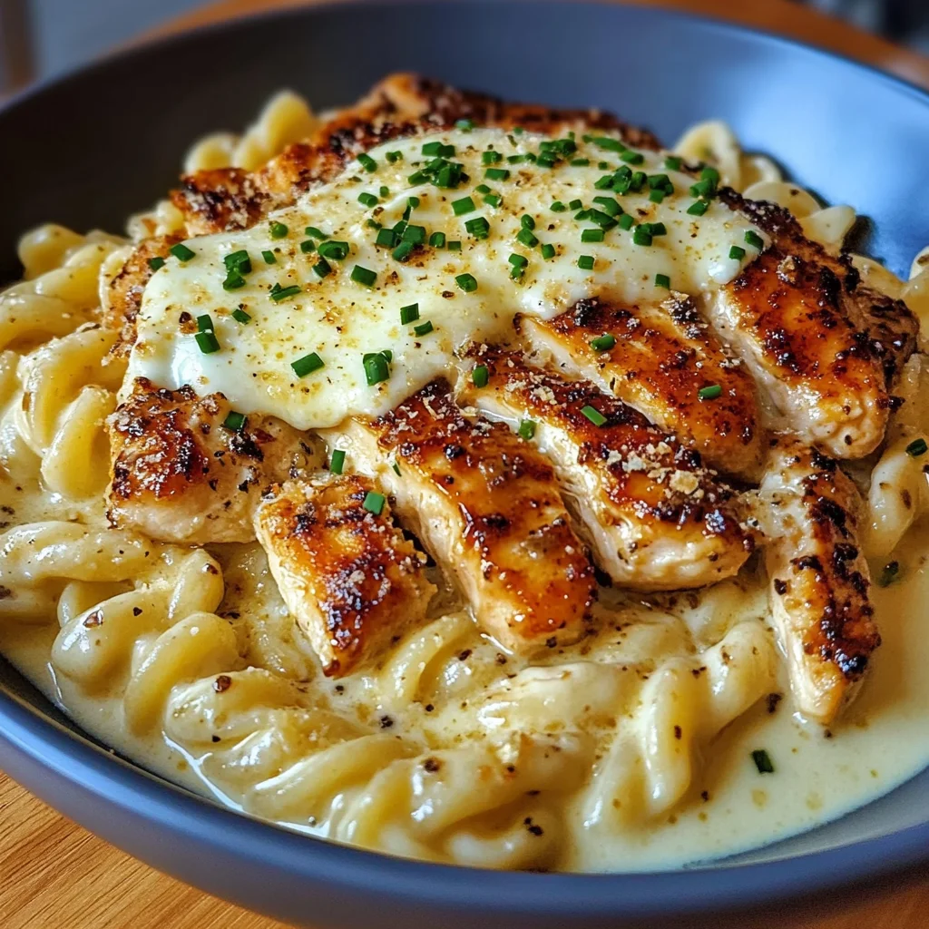 Creamy Mozzarella Alfredo with Garlic Chicken Twisted Pasta