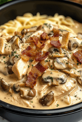 Creamy Slow Cooker Chicken Bacon Stroganoff with Mushrooms & Herbed Noodles
