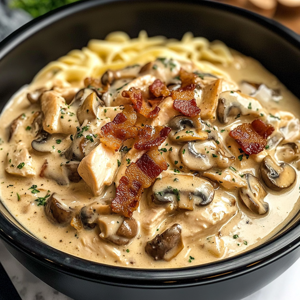 Creamy Slow Cooker Chicken Bacon Stroganoff with Mushrooms & Herbed Noodles
