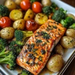 Garlic Butter Salmon with Roasted Veggies & Baby Potatoes