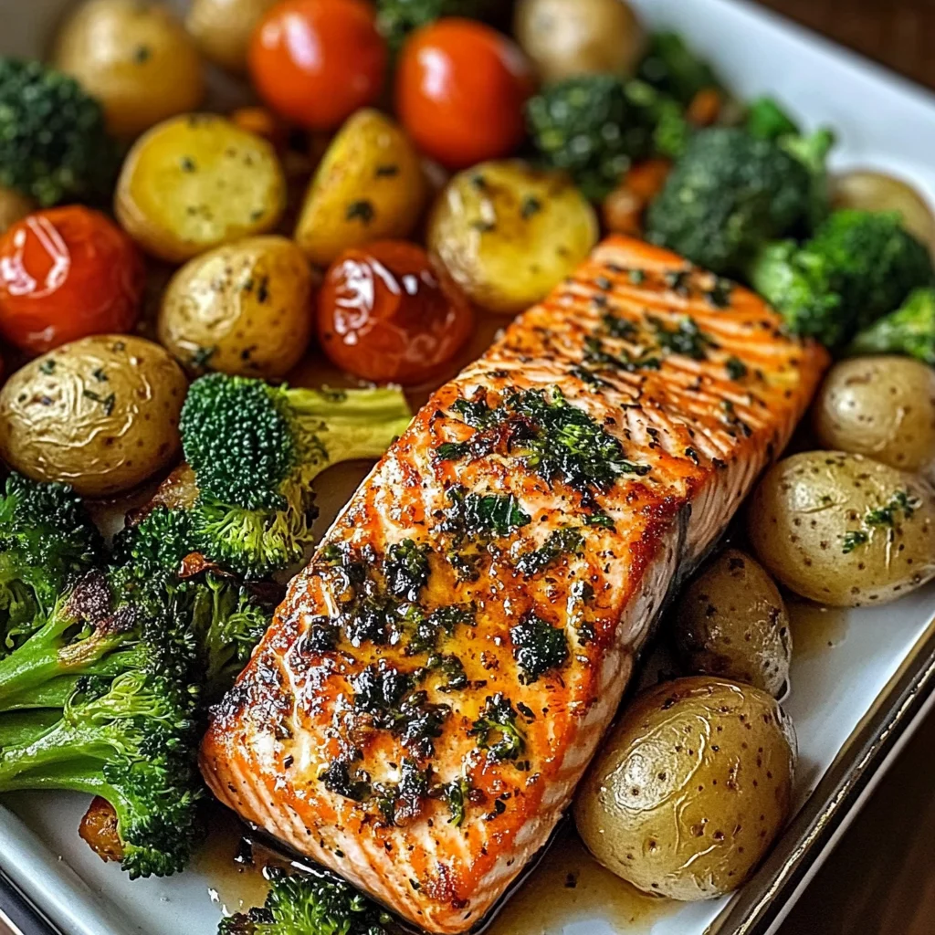 Garlic Butter Salmon with Roasted Veggies & Baby Potatoes