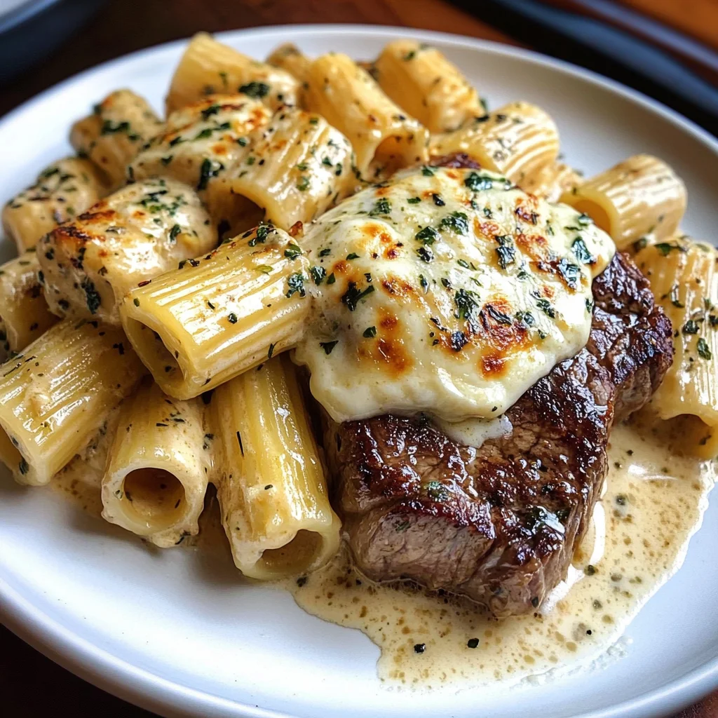 Garlic Cream Steak with Rigatoni in Provolone Cream Sauce